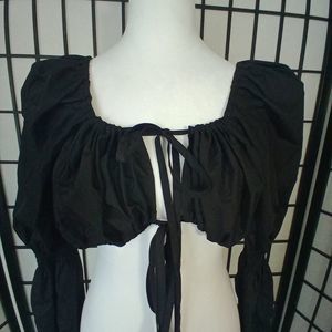 BALLOON SLEEVE Women's Black Crop Top Front Tie Size Large